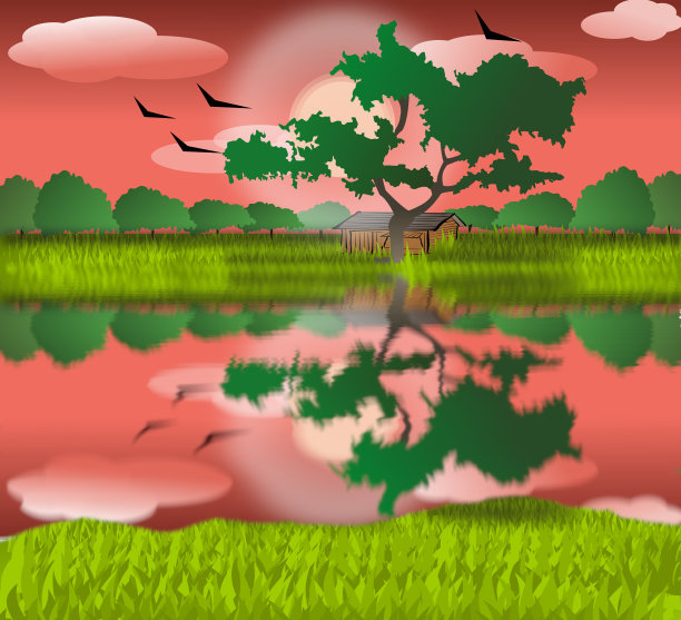 一个美丽的傍晚视图矢量图形的村庄与红色的天空，明亮的太阳，飞翔的鸟，农田，树木，草地，伤害，云，和一个月亮反射在水的背景。素材图片