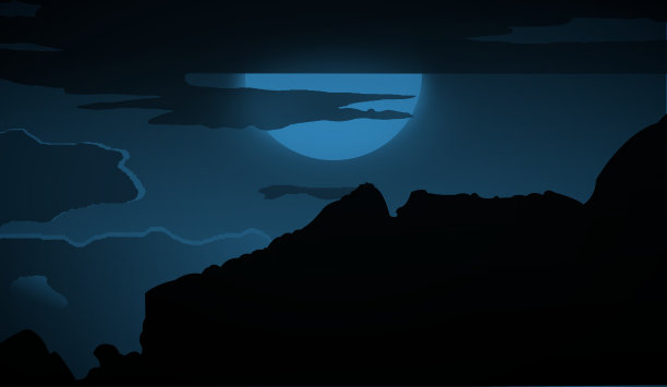 矢量图形的美丽的夜景山脉和明亮的月亮隐藏在沉重的云后面。图片下载