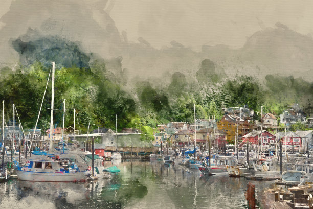 画家转换的图像，一个码头与船只和游艇图片下载