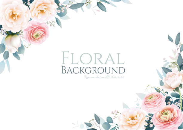 毛茛和白色玫瑰与绿色框架边界上的白色背景。漂亮的模板为婚礼邀请或贺卡，横幅。图片下载