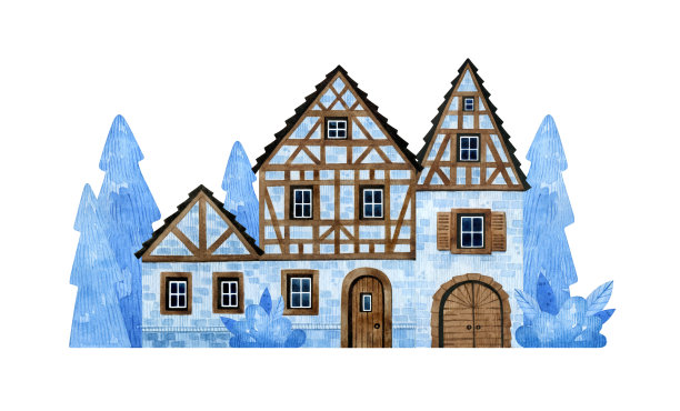 水彩手绘街道和古老的乡村房屋。可爱的乡村街道和蓝色的冷杉树。古老的欧洲房屋，木门，瓦片屋顶，明信片，请帖，糖果包装图片下载