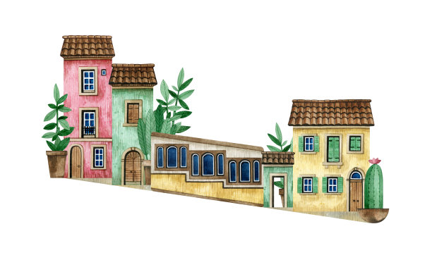 水彩手绘葡萄牙街道与乡村房屋。可爱的欧式老房子。砖墙，瓦顶，木门，拱门。色彩斑斓舒适的乡村家园，索道，盆栽图片下载