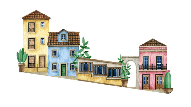 水彩手绘葡萄牙街道与乡村房屋。可爱的欧式老房子。砖墙，瓦顶，木门，拱门。色彩斑斓舒适的乡村家园，索道，盆栽图片下载