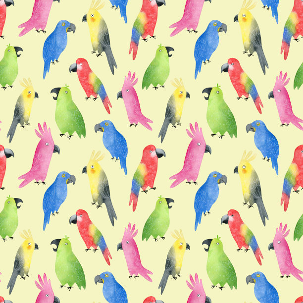 水彩无缝图案与不同的鹦鹉。野生多彩的热带鸟类卡通风格。风头鹦鹉,金刚鹦鹉,虎皮鹦鹉。野生丛林动物纺织，封面，壁纸，包装图片下载