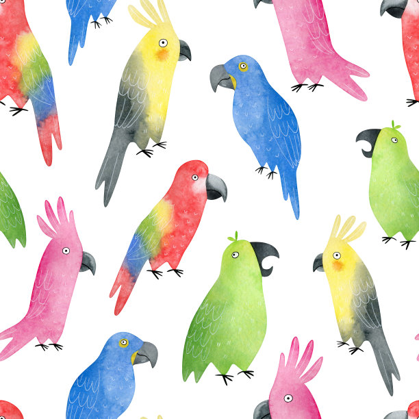 水彩无缝图案与不同的鹦鹉。野生多彩的热带鸟类卡通风格。风头鹦鹉,金刚鹦鹉,虎皮鹦鹉。野生丛林动物纺织，封面，壁纸，包装图片下载