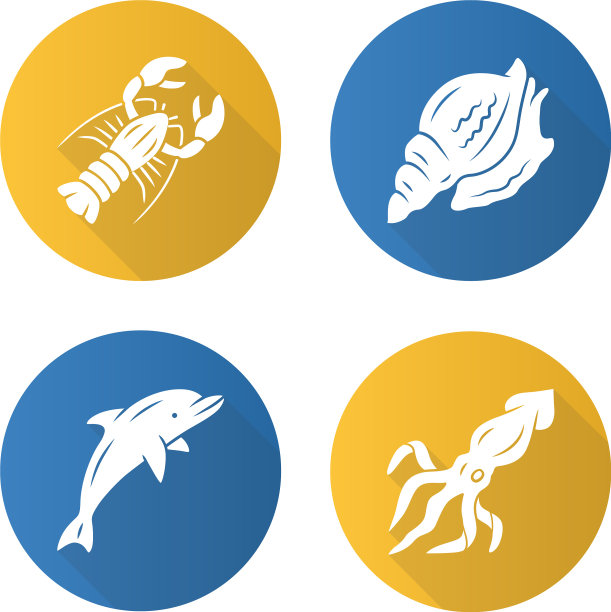 海洋动物平面设计长阴影字形图标图片下载