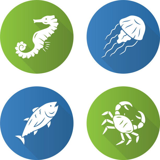 海洋动物平面设计长阴影字形图标图片下载