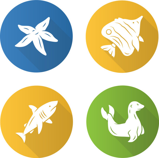 海洋动物平面设计长阴影字形图标图片下载