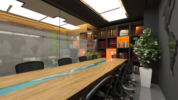 现代会议室办公室与亚克力木桌逼真的室内设计理念3D渲染图片下载