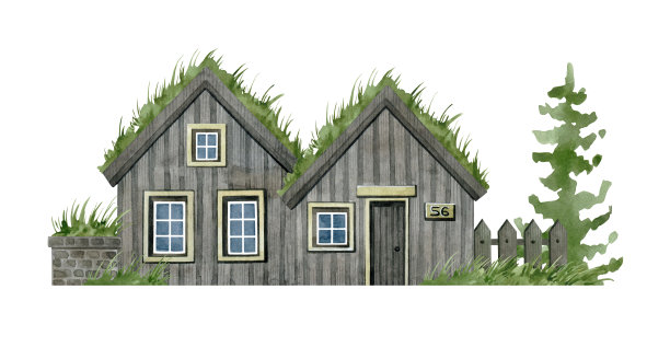 水彩画街道上有小小的冰岛草皮房子。北欧木arcitecture。可爱的乡村老房子，杉树，草屋顶，马车，栅栏。基于自然的住宅建筑。图片下载