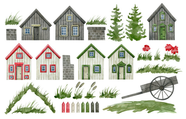 水彩画的小型冰岛草皮房子。北欧木arcitecture。可爱的乡村老房子，杉树，草屋顶，马车，栅栏。基于自然的住宅建筑。图片下载