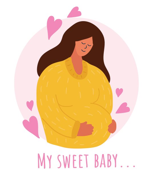 孕妇温柔地抚摸着自己的肚子。怀孕了。快乐的怀孕。时髦的手绘风格与明亮的颜色和字母我的宝贝。图片下载