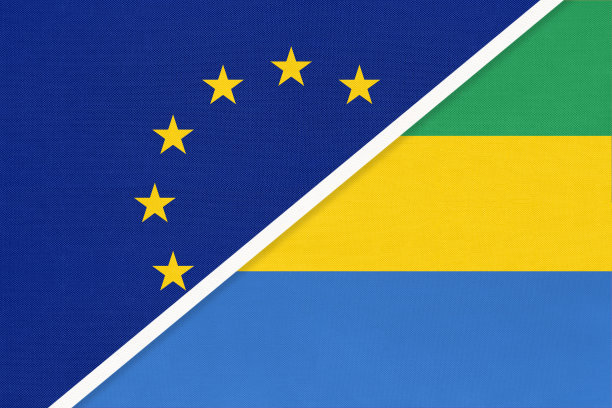 欧盟或欧盟及加蓬国旗纺织品。象征欧洲委员会协会。图片下载