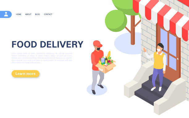 安全操作的概念。一名带着防护口罩和手套的快递员将食物送到客户家里。图片下载