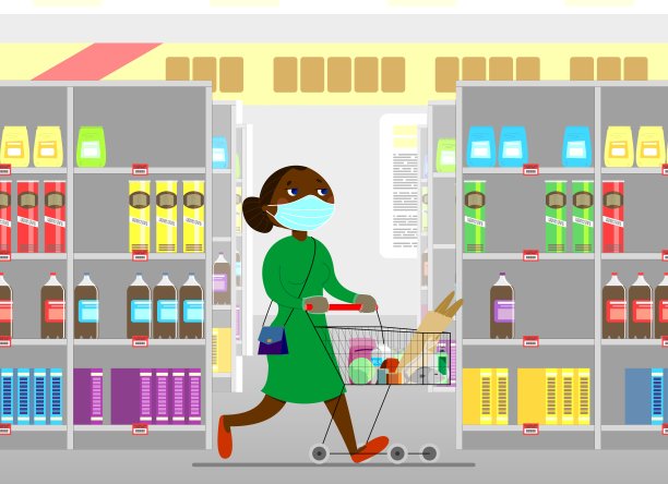 一个年轻的非洲裔美国人，戴着面具和手套，皮肤黝黑的女人正推着购物车购物。冠状病毒保护,隔离。买食物。图片下载