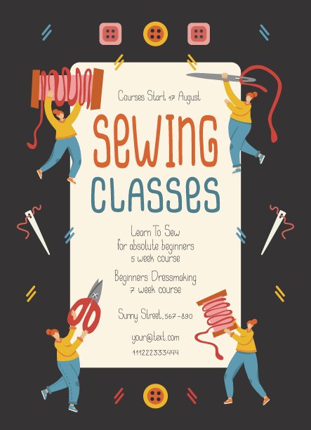 缝纫班宣传海报模板与扁平小人。女孩用裁缝工具纽扣、线、剪刀绕手写体的创意教程。为缝纫学校，商店，在线课程图片下载
