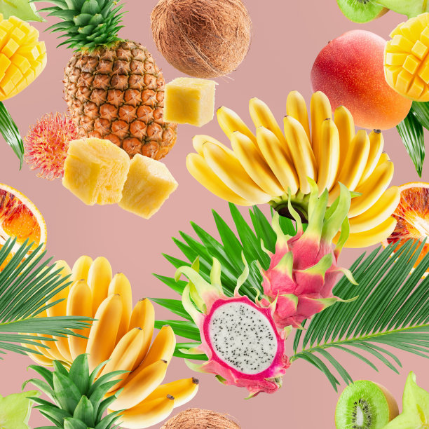 无缝彩色图案与热带水果在浅粉色的背景图片下载