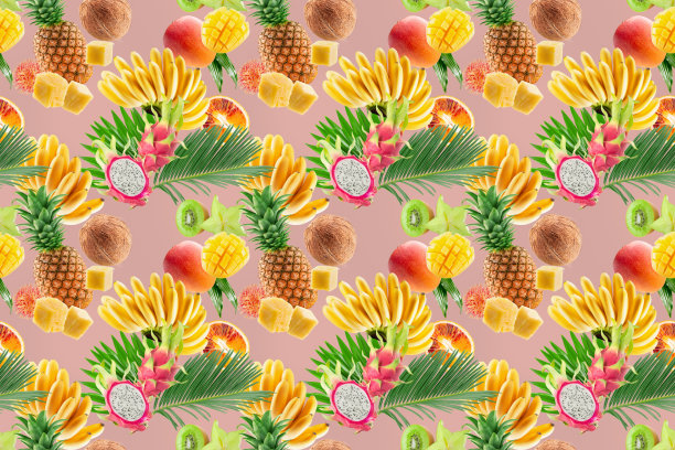 无缝彩色图案与热带水果在浅粉色的背景图片下载