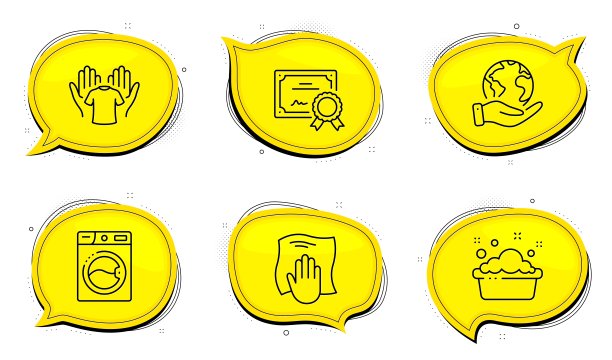 洗衣机，手洗和持有t恤图标集。洗衣，洗衣盆，用抹布擦干净。向量图片下载