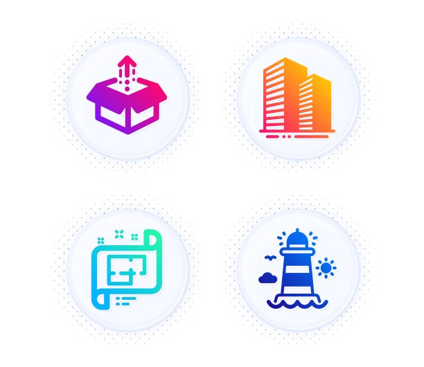 建筑计划，发送盒子和摩天大楼图标集。灯塔的迹象。向量图片下载