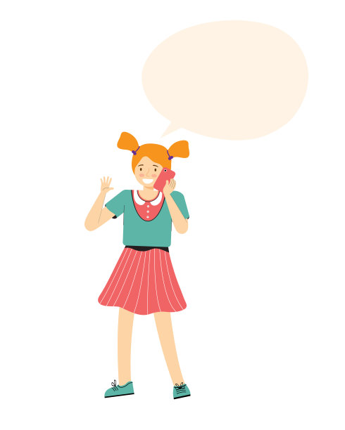 快乐的少女用手机聊天。电话交谈。女学生打电话。女性的卡通人物。对话框气泡文本。远程通信。平面向量插图图片下载