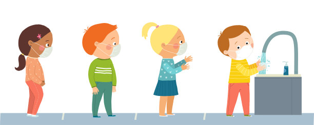 孩子们在戴口罩后排队洗手。孩子们在学校排队洗手。卡通手绘10插图孤立在白色背景在一个平坦的风格。图片下载
