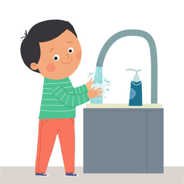 可爱的男孩在自来水下用肥皂洗手。预防病毒和感染。卫生的概念。卡通矢量手绘eps 10插图孤立在白色在一个平坦的风格。图片下载