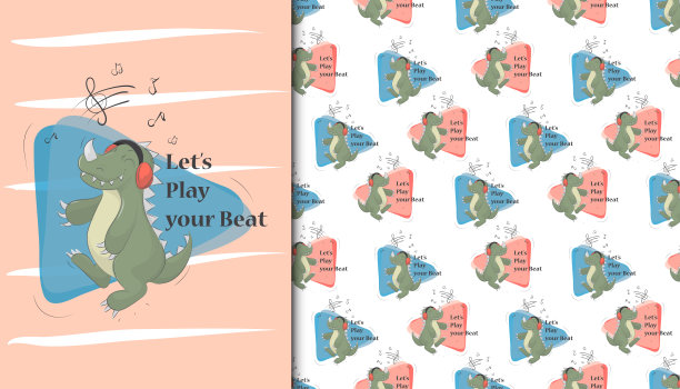 贺卡和可爱的图案与恐龙听音乐图片下载