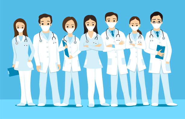 一组戴着防护口罩的医生的插图。图片下载