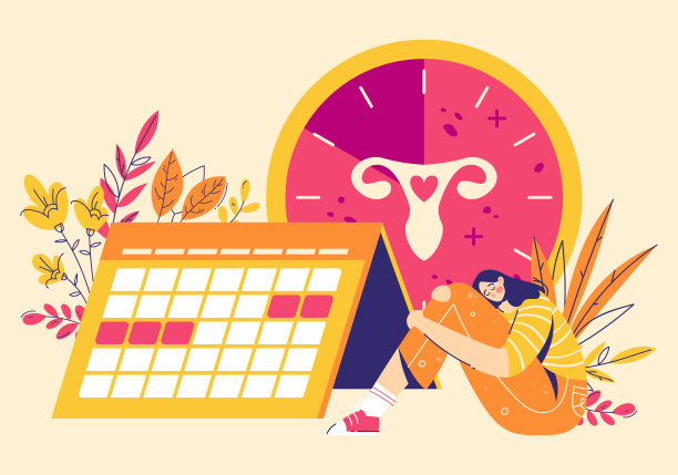 痛经的概念。女人检查月经天数，时钟上有女性生殖器官的剪影。图片下载