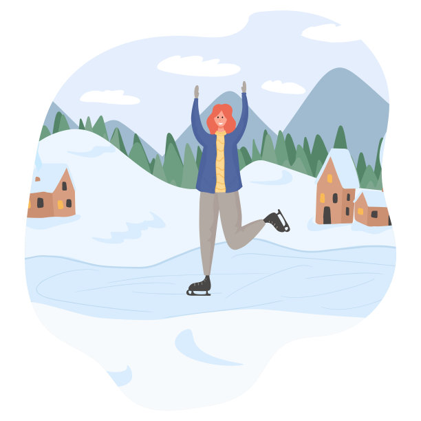 年轻快乐的女孩骑在溜冰矢量平面卡通插图。冬天的风景。图片下载