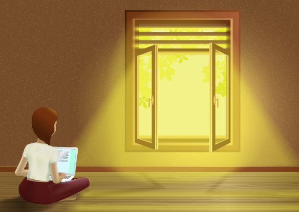 一个拿着笔记本电脑的女孩坐在家里窗户旁边的地板上图片下载