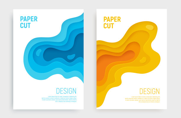 剪纸旗帜设置3D泥抽象背景和蓝色，黄色波浪层。宣传册和宣传单的抽象布局设计。纸艺术矢量图图片下载