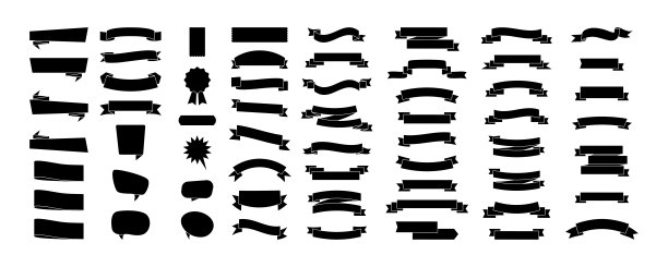 黑色缎带banner，白色背景隔离。不同形状的缎带banner合集。缎带banner矢量图标。矢量素材图片下载