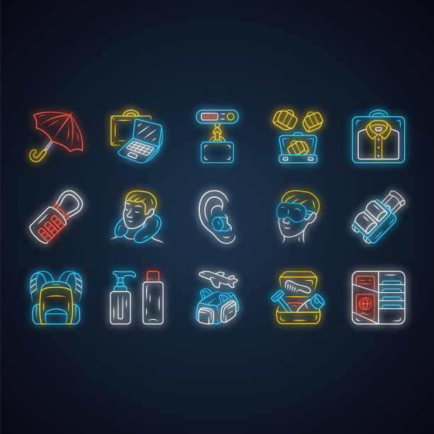 旅行配件霓虹灯图标设置行李图片下载