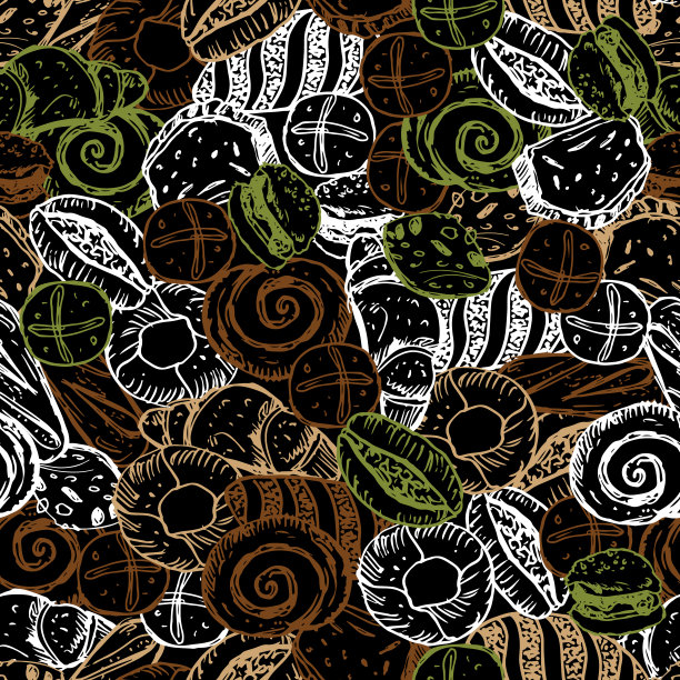 向量黑色黑板风格手绘面包重叠面包无缝重复图案。适用于纺织品，咖啡厅菜单设计和墙纸。图片下载