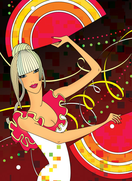 一个金发女郎和两个粉丝在狂欢节上跳舞。图片下载