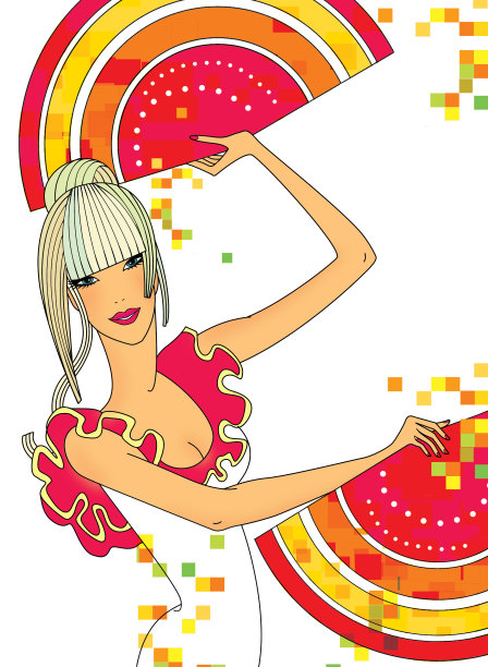 一个金发女郎和两个粉丝在狂欢节上跳舞。图片下载