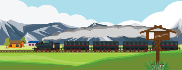 在轨道上运行的蒸汽火车，通过一个有家的平坦地区。图片下载