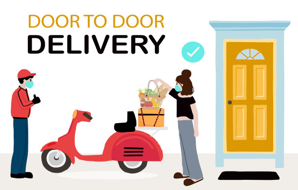 在线快递非接触式服务，通过摩托车到家、办公室。快递员正在提醒唛头预防冠状病毒图片下载