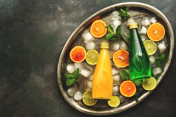 用冰和柑橘片装在瓶子里的清凉饮料。龙蒿柠檬汁和橙汁。俯视图，平放，复制空间。图片下载