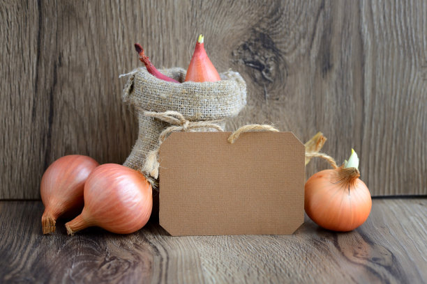 空白纸贴纸与彩色洋葱在乡村木制背景图片下载