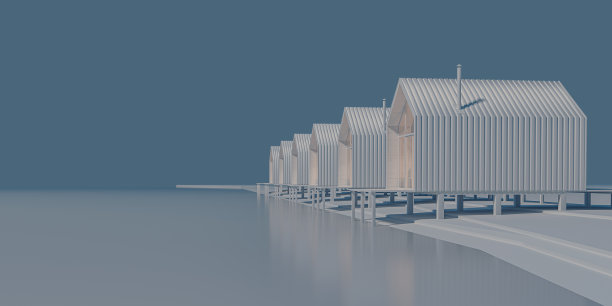 从上面的视角可以看到几座农舍，农舍的风格在湖边一字排开。在灰色调的概念艺术与夜晚的温暖和寒冷的照明与复制空间。3 d演示。图片下载