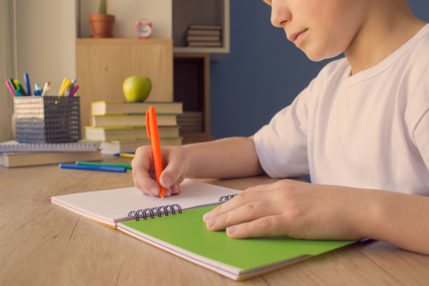 没有一个小男孩在他的抄写本上写字，在家里做作业的照片图片下载