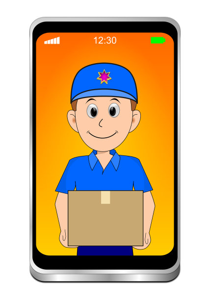 智能手机与友好的快递递送包裹- 3D插图图片下载