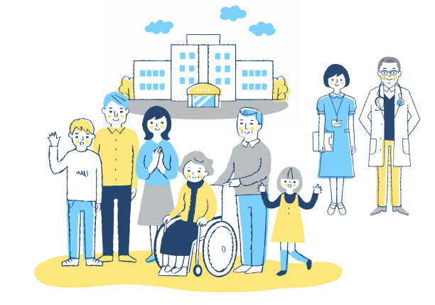 医院(轮椅奶奶、家属和医护人员)图片下载