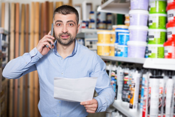 设计师正在选择涂料和电话交谈图片下载