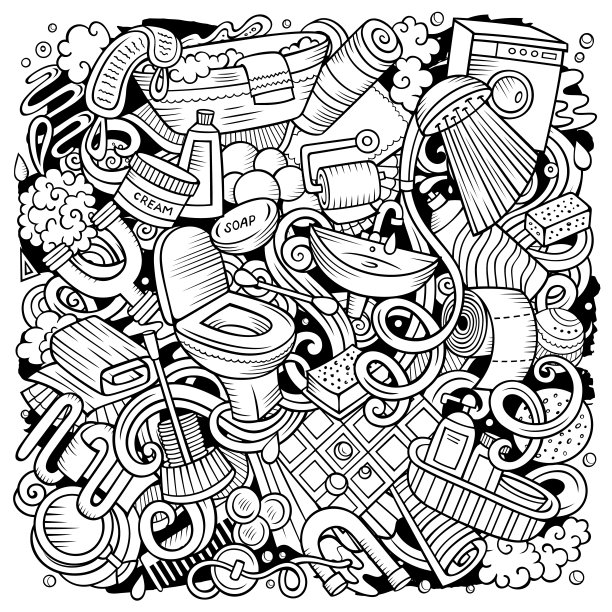 浴室手绘矢量涂鸦插图。浴室海报设计。图片下载