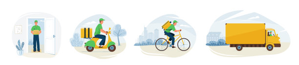 配送服务矢量图：快递员使用自行车、摩托车和卡车快速送货上门图片下载