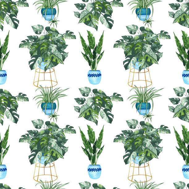 不同室内植物的无缝图案。手绘室内绿色植物花盆。装饰绿色植物背景完美的织物织物，剪贴簿或包装纸设计。图片下载